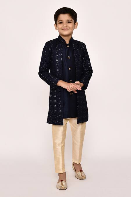 Buy_Petite Pomme_Blue Silk Sequins, Embroidery Sherwani And Pyjama Set _Online_at_Aza_Fashions