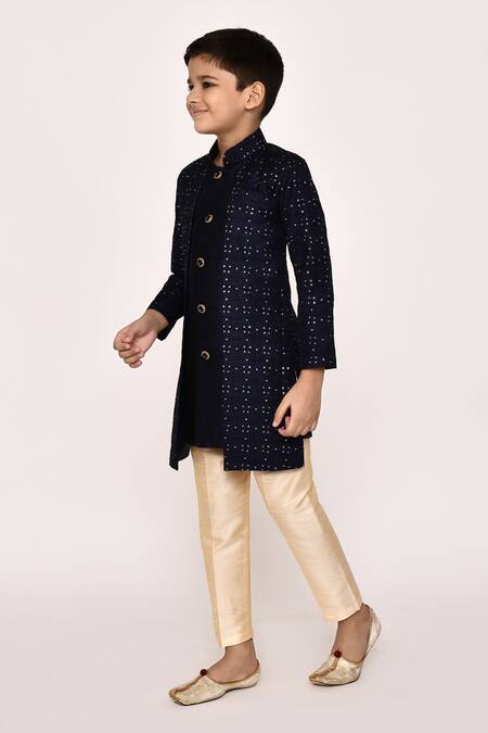 Shop_Petite Pomme_Blue Silk Sequins, Embroidery Sherwani And Pyjama Set _Online_at_Aza_Fashions