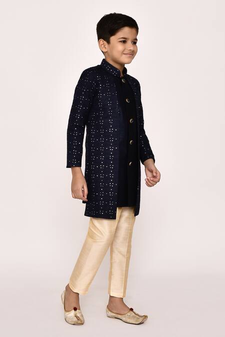 Petite Pomme_Blue Silk Sequins, Embroidery Sherwani And Pyjama Set _at_Aza_Fashions