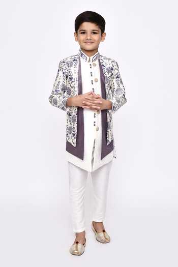 Buy_Petite Pomme_Off White Silk, Jacquard Embroidery Botanical Pattern Sherwani With Pyjama _Online_at_Aza_Fashions