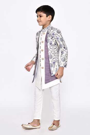 Shop_Petite Pomme_Off White Silk, Jacquard Embroidery Botanical Pattern Sherwani With Pyjama _Online_at_Aza_Fashions