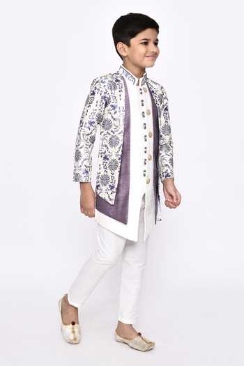 Petite Pomme_Off White Silk, Jacquard Embroidery Botanical Pattern Sherwani With Pyjama _at_Aza_Fashions
