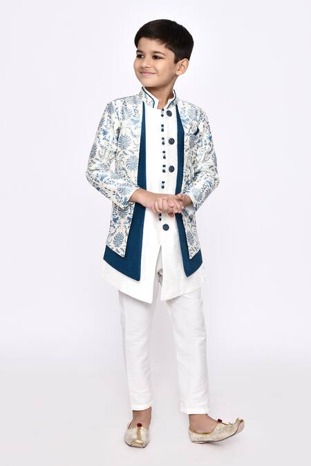 Buy_Petite Pomme_Off White Jacquard, Silk Embroidery Botanical Sherwani With Pyjama _Online_at_Aza_Fashions
