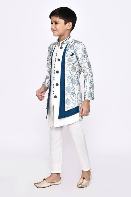 Shop_Petite Pomme_Off White Jacquard, Silk Embroidery Botanical Sherwani With Pyjama _Online_at_Aza_Fashions
