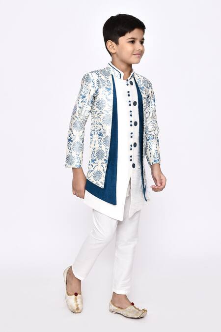 Petite Pomme_Off White Jacquard, Silk Embroidery Botanical Sherwani With Pyjama _at_Aza_Fashions