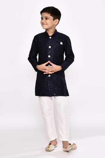 Buy_Petite Pomme_Blue Brocade, Silk Metallic Thread Sequin Embellished Sherwani With Pyjama _Online_at_Aza_Fashions