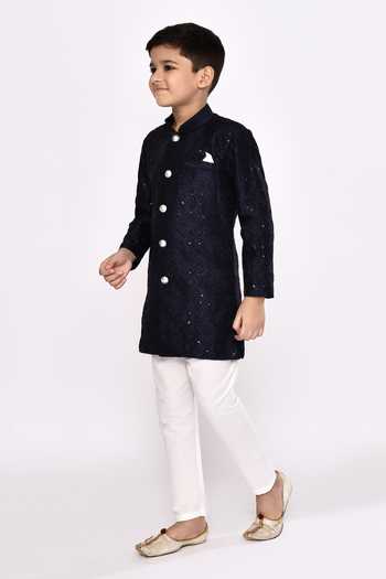 Shop_Petite Pomme_Blue Brocade, Silk Metallic Thread Sequin Embellished Sherwani With Pyjama _Online_at_Aza_Fashions