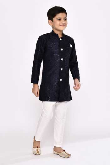 Petite Pomme_Blue Brocade, Silk Metallic Thread Sequin Embellished Sherwani With Pyjama _at_Aza_Fashions