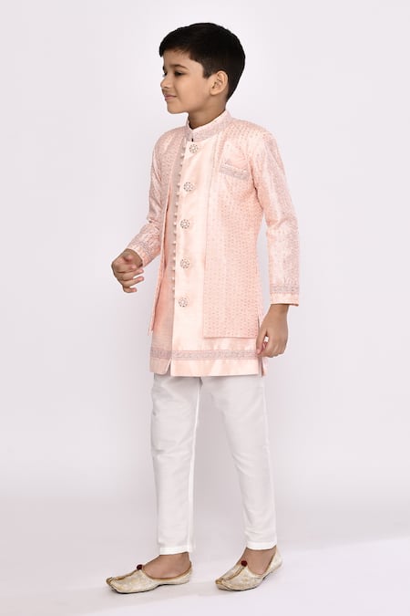 Shop_Petite Pomme_Peach Brocade, Silk Sequins, Embroidery Embellished Jacket Sherwani With Pyjama _Online_at_Aza_Fashions