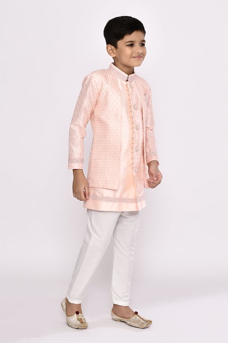 Petite Pomme_Peach Brocade, Silk Sequins, Embroidery Embellished Jacket Sherwani With Pyjama _at_Aza_Fashions