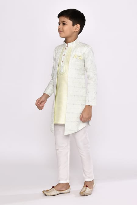 Shop_Petite Pomme_Green Silk Sequins Geometric Embellished Jacket Sherwani With Pyjama _Online_at_Aza_Fashions