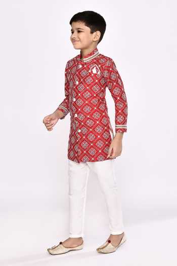 Shop Petite Pomme Maroon Brocade, Silk Embroidery Contrast Floral Embellished Sherwani With Pyjama Online at Aza Fashions Shop_Petite Pomme_Maroon Brocade, Silk Embroidery Contrast Floral Embellished Sherwani With Pyjama _Online_at_Aza_Fashions