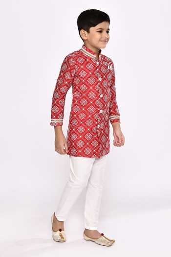 Petite Pomme Maroon Brocade, Silk Embroidery Contrast Floral Embellished Sherwani With Pyjama at Aza Fashions Petite Pomme_Maroon Brocade, Silk Embroidery Contrast Floral Embellished Sherwani With Pyjama _at_Aza_Fashions