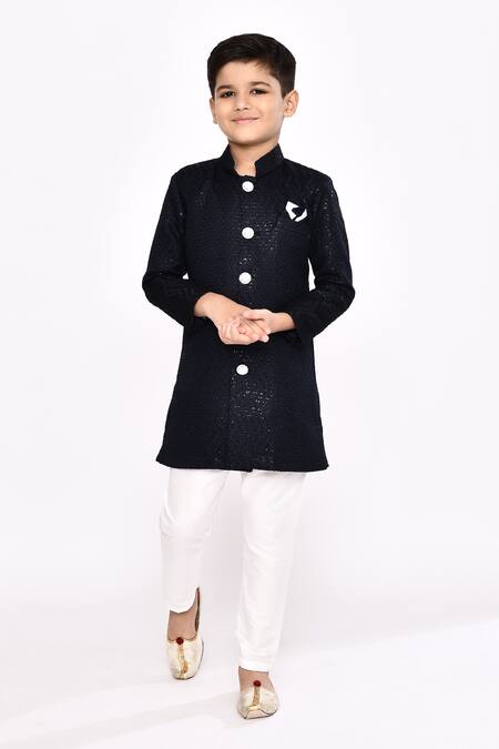 Buy_Petite Pomme_Blue Brocade, Silk Sequins, Zari Zigzag Embellished Sherwani With Pyjama _Online_at_Aza_Fashions