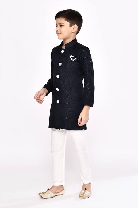 Shop_Petite Pomme_Blue Brocade, Silk Sequins, Zari Zigzag Embellished Sherwani With Pyjama _Online_at_Aza_Fashions