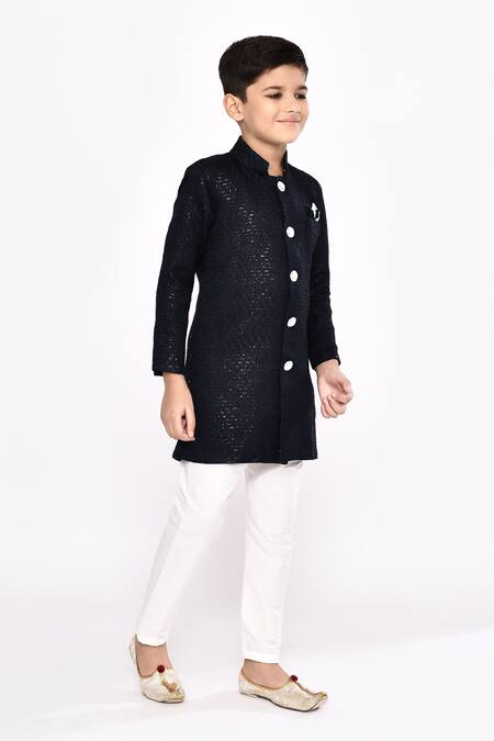 Petite Pomme_Blue Brocade, Silk Sequins, Zari Zigzag Embellished Sherwani With Pyjama _at_Aza_Fashions