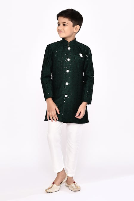 Buy_Petite Pomme_Green Silk Sequins, Embroidery Geometric Embellished Sherwani With Pyjama _Online_at_Aza_Fashions