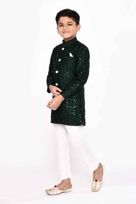 Shop_Petite Pomme_Green Silk Sequins, Embroidery Geometric Embellished Sherwani With Pyjama _Online_at_Aza_Fashions