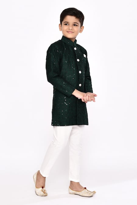 Petite Pomme_Green Silk Sequins, Embroidery Geometric Embellished Sherwani With Pyjama _at_Aza_Fashions
