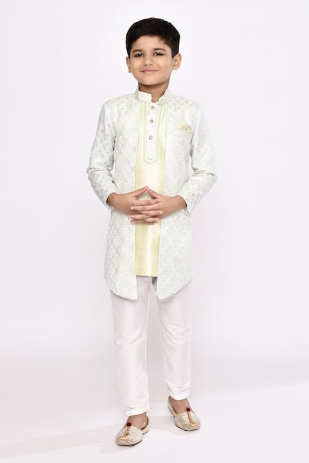 Buy_Petite Pomme_Green Silk, Jacquard Abstract Floral Embroidered Jacket Sherwani With Pyjama _Online_at_Aza_Fashions