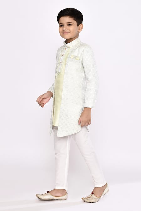 Shop_Petite Pomme_Green Silk, Jacquard Abstract Floral Embroidered Jacket Sherwani With Pyjama _Online_at_Aza_Fashions