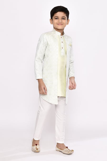 Petite Pomme_Green Silk, Jacquard Abstract Floral Embroidered Jacket Sherwani With Pyjama _at_Aza_Fashions