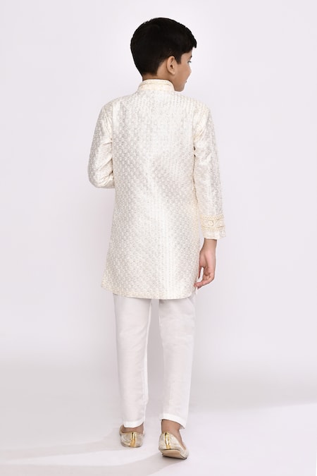 Shop_Petite Pomme_Cream Silk Sequins Stripe Embroidered Jacket Sherwani With Pyjama _at_Aza_Fashions