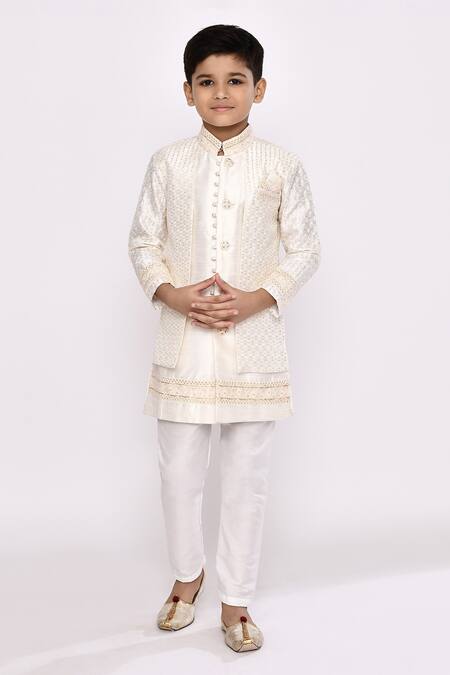 Buy_Petite Pomme_Cream Silk Sequins Stripe Embroidered Jacket Sherwani With Pyjama _Online_at_Aza_Fashions