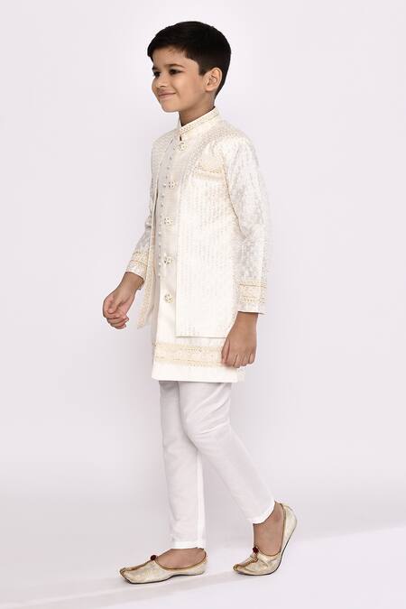 Petite Pomme_Cream Silk Sequins Stripe Embroidered Jacket Sherwani With Pyjama _at_Aza_Fashions