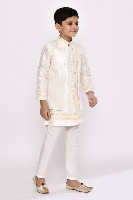 Buy_Petite Pomme_Cream Silk Sequins Stripe Embroidered Jacket Sherwani With Pyjama 