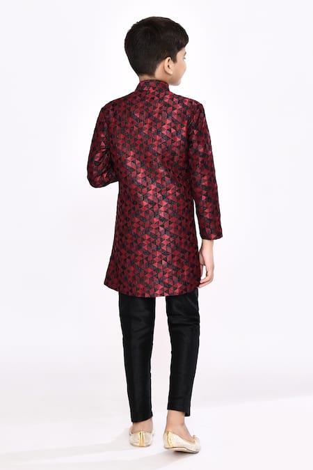 Shop_Petite Pomme_Black Brocade, Silk Embroidery Geometric Pattern Sherwani With Pyjama _at_Aza_Fashions