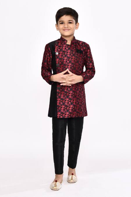 Buy_Petite Pomme_Black Brocade, Silk Embroidery Geometric Pattern Sherwani With Pyjama _Online_at_Aza_Fashions