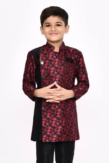 Shop Petite Pomme Black Brocade, Silk Embroidery Geometric Pattern Sherwani With Pyjama Online at Aza Fashions Shop_Petite Pomme_Black Brocade, Silk Embroidery Geometric Pattern Sherwani With Pyjama _Online_at_Aza_Fashions