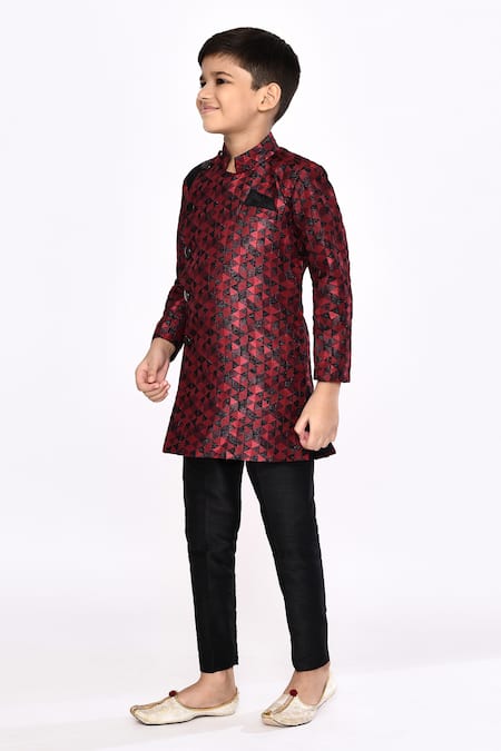 Petite Pomme_Black Brocade, Silk Embroidery Geometric Pattern Sherwani With Pyjama _at_Aza_Fashions