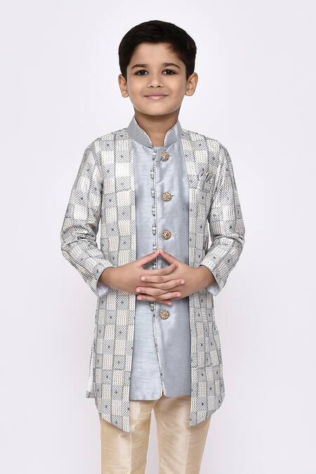Buy_Petite Pomme_Blue Jacquard, Silk Embroidery Geometric Swirl Sherwani With Pyjama _Online_at_Aza_Fashions