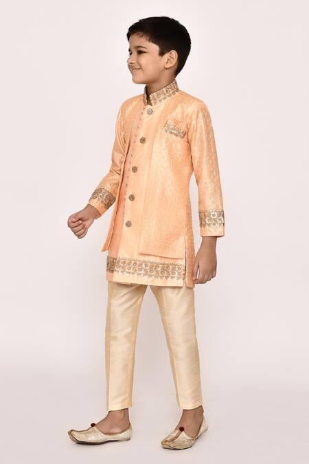 Shop_Petite Pomme_Orange Brocade, Silk Sequins, Embroidery Floral Sherwani With Pyjama _Online_at_Aza_Fashions