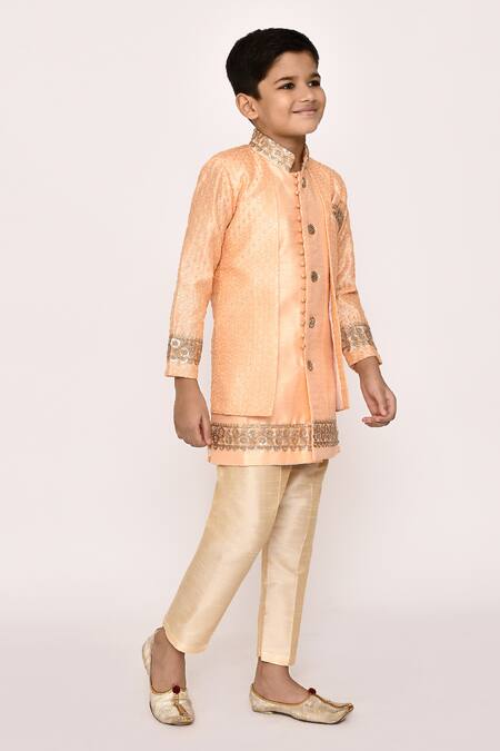 Petite Pomme_Orange Brocade, Silk Sequins, Embroidery Floral Sherwani With Pyjama _at_Aza_Fashions