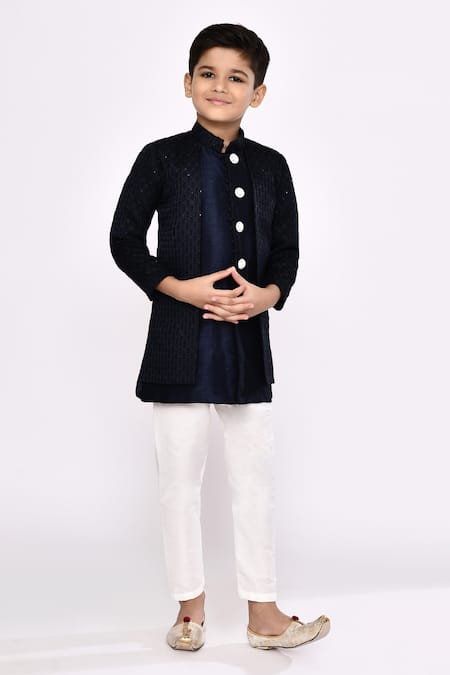 Arihant Rai Sinha Blue Silk, Jacquard Sequins, Embroidery Floral Jacket Sherwani With Pyjama 