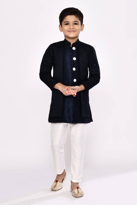 Buy_Petite Pomme_Blue Silk, Jacquard Sequins, Embroidery Floral Jacket Sherwani With Pyjama _Online_at_Aza_Fashions