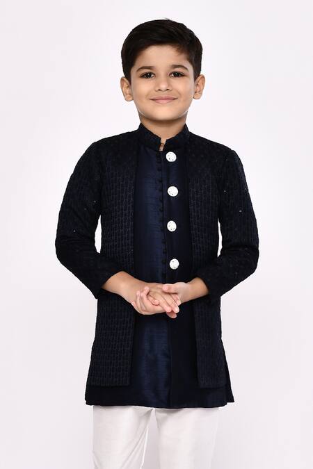 Shop_Petite Pomme_Blue Silk, Jacquard Sequins, Embroidery Floral Jacket Sherwani With Pyjama _Online_at_Aza_Fashions