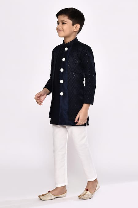 Petite Pomme_Blue Silk, Jacquard Sequins, Embroidery Floral Jacket Sherwani With Pyjama _at_Aza_Fashions