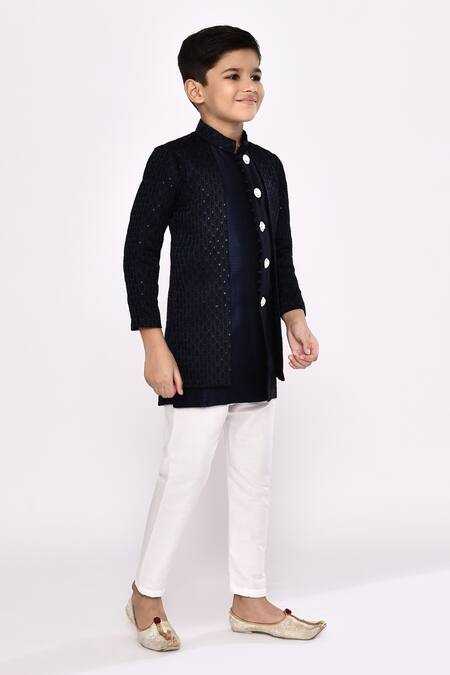 Buy_Petite Pomme_Blue Silk, Jacquard Sequins, Embroidery Floral Jacket Sherwani With Pyjama 