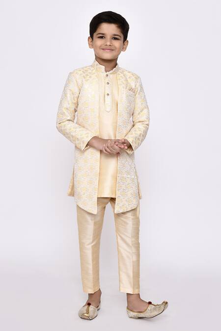 Petite Pomme Cream Silk, Jacquard Sequins, Embroidery Abstract Jacket Sherwani With Pant 