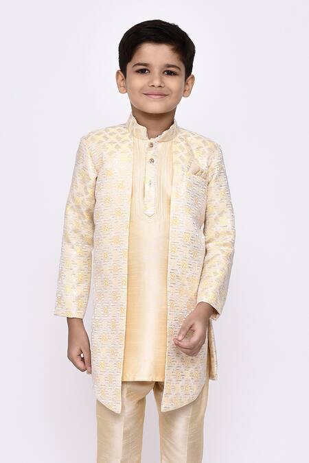 Shop Petite Pomme Cream Silk, Jacquard Sequins, Embroidery Abstract Jacket Sherwani With Pant Online at Aza Fashions Shop_Petite Pomme_Cream Silk, Jacquard Sequins, Embroidery Abstract Jacket Sherwani With Pant _Online_at_Aza_Fashions
