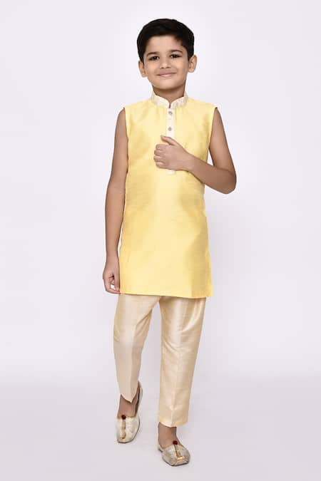 Buy_Petite Pomme_Yellow Jacquard, Silk Sequins, Embroidery Abstract Jacket Sherwani Set _Online_at_Aza_Fashions