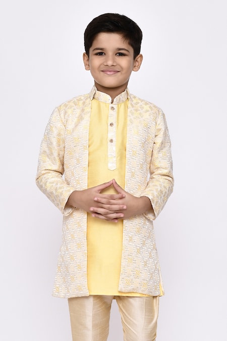 Shop_Petite Pomme_Yellow Jacquard, Silk Sequins, Embroidery Abstract Jacket Sherwani Set _Online_at_Aza_Fashions