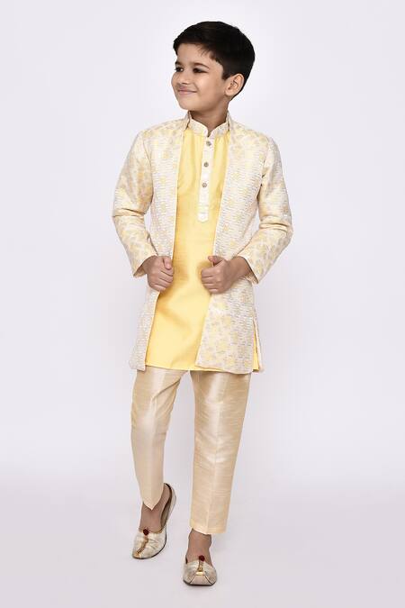 Petite Pomme_Yellow Jacquard, Silk Sequins, Embroidery Abstract Jacket Sherwani Set _at_Aza_Fashions