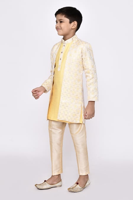 Buy_Petite Pomme_Yellow Jacquard, Silk Sequins, Embroidery Abstract Jacket Sherwani Set 