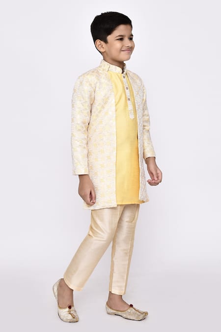 Shop_Petite Pomme_Yellow Jacquard, Silk Sequins, Embroidery Abstract Jacket Sherwani Set 