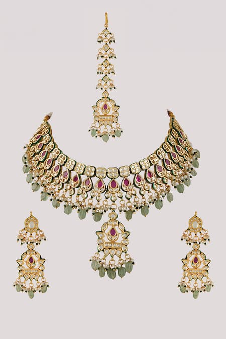ChhavI'S Jewels_Green Pearls, Crystals Kundan Polki Embellished Necklace Set _Online_at_Aza_Fashions